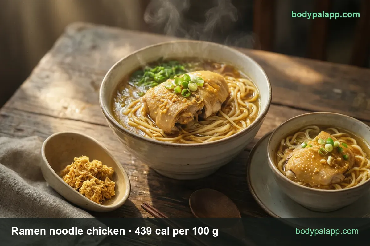 Chicken ramen bowls and crushed dry noodles, chips: 1 package without packet (81 g) 356 cal and 1 packet (6 g) 26 cal