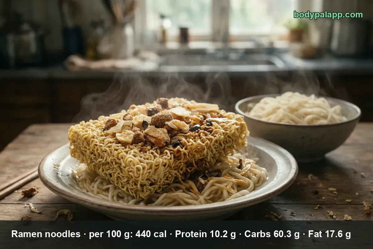 Dry ramen noodle block topped with dried mushrooms and vegetables on a plate of cooked noodles, bowl of cooked noodles behind.