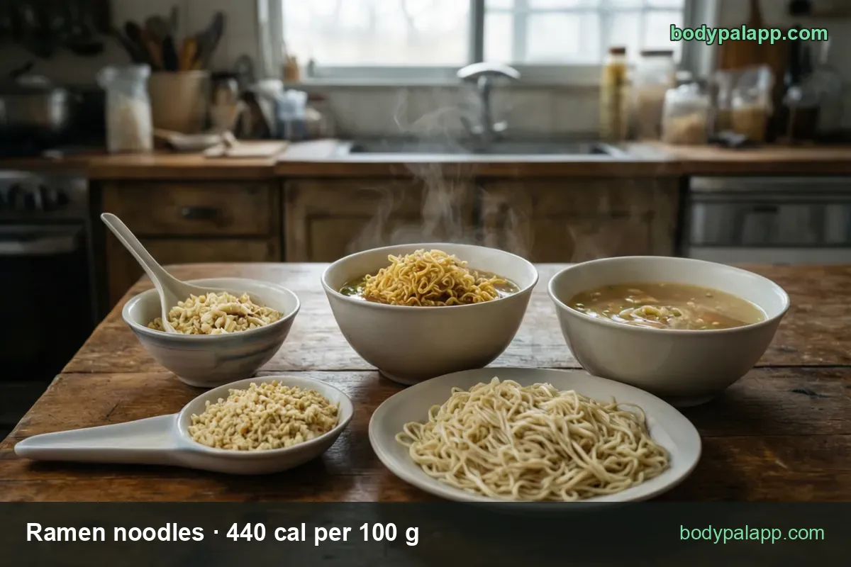 Five ramen servings on wood: crushed dry noodles, noodles in broth, vegetable broth, plain cooked noodles; block 81 g, half block 40.5 g.
