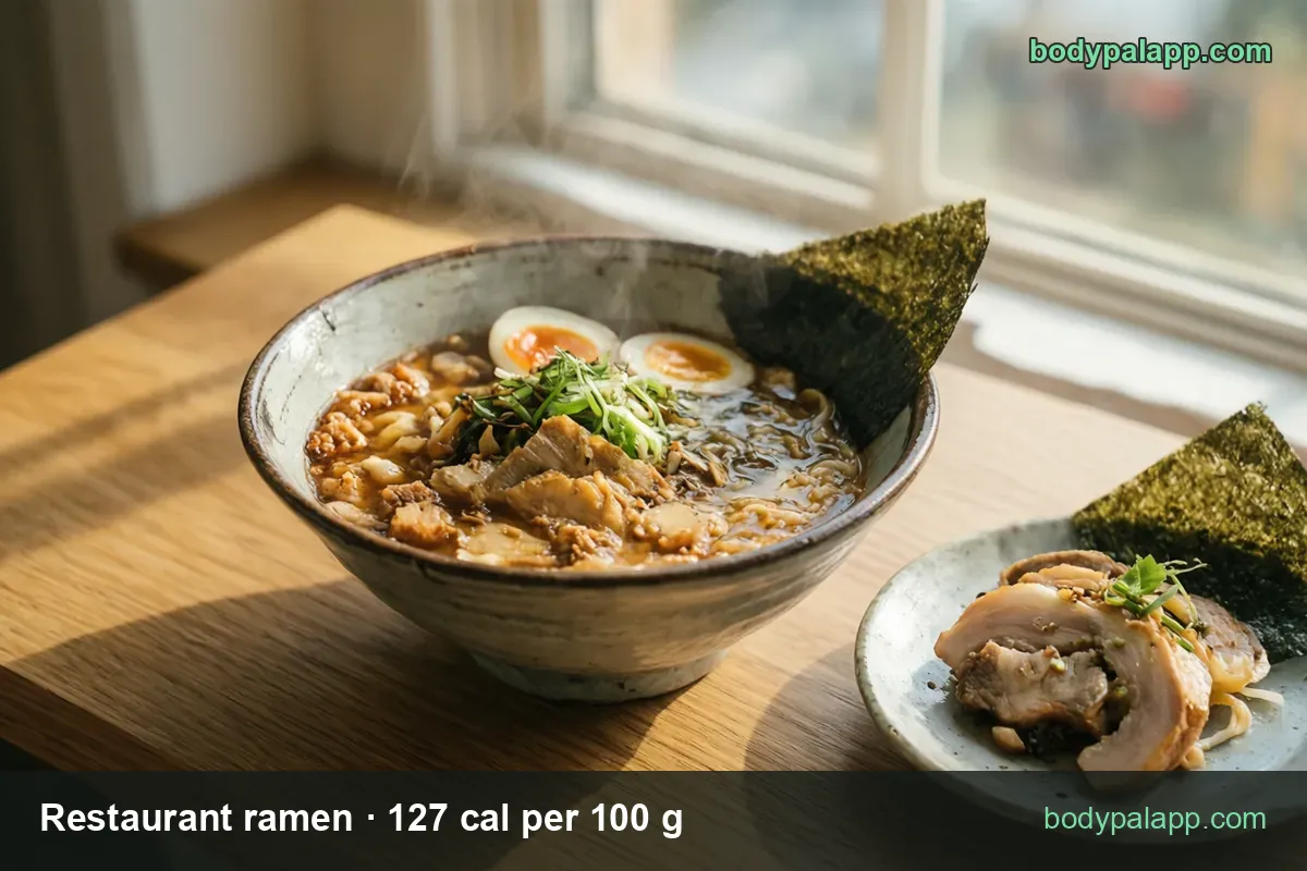 Ramen bowl with broth, noodles, chashu, two egg halves, scallions and nori, side plate of chashu; 1 bowl 933 cal, 1 cup 311 cal.
