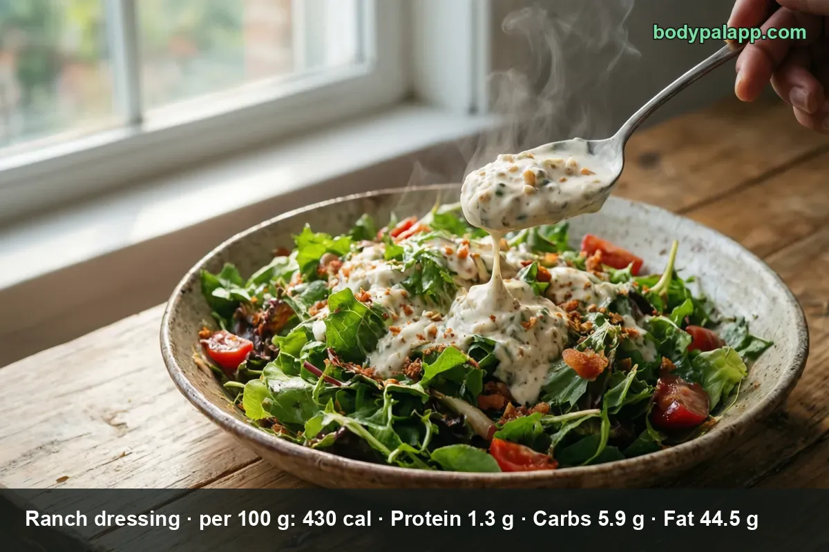 Ranch dressing poured from a spoon over a plate of green salad with cherry tomatoes