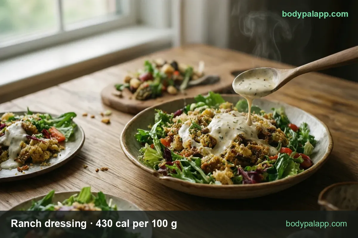 Green salad with tomatoes under ranch dressing from a wooden spoon; 2 tbsp (30 g) 129 cal and 1 tbsp (15 g) 65 cal