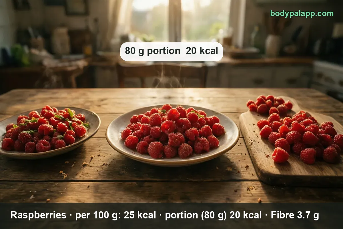 Bowls of fresh raspberries - 25 calories per 100 g