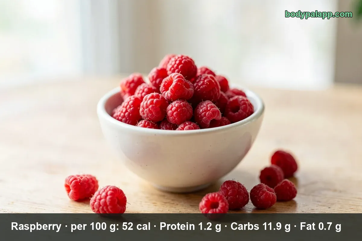 Ceramic bowl heaped with fresh red raspberries and a few leaves, lightly steaming