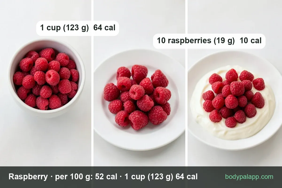 Plate of raspberries, heaped plate and berries scattered on a wooden board: 1 cup (123 g) 64 cal, 10 raspberries (19 g) 10 cal