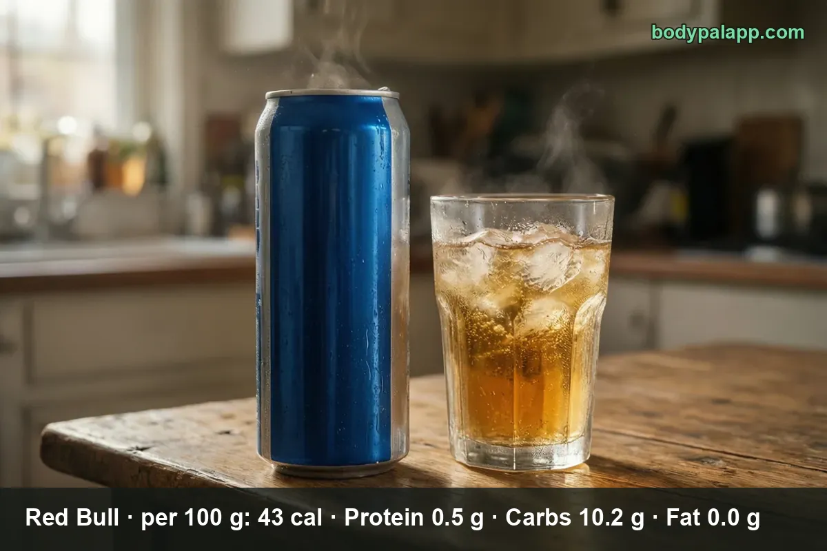 Tall blue and silver energy drink can beside a glass of golden Red Bull over ice on a wooden table.