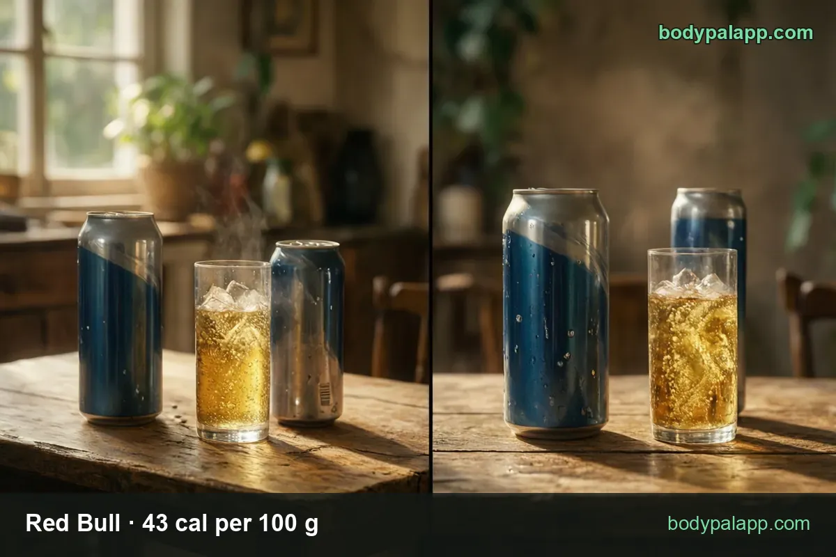 Two panels of blue and silver cans with glasses of iced golden Red Bull: 8.4 fl oz can 111 cal, 12 fl oz can 159 cal.