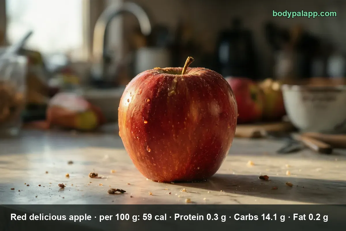 Whole dark red delicious apple with its stem and water droplets on a marble countertop