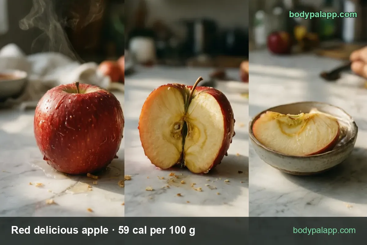 Three marble panels: whole red delicious apple, halved with seeds, a slice in a bowl; 1 medium apple (212 g) and 1 cup sliced (109 g)