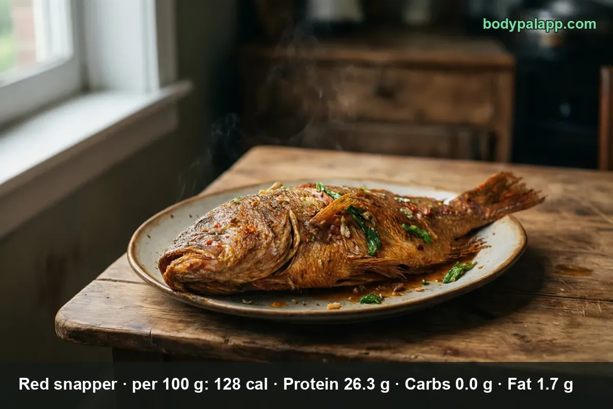 Whole fried red snapper with green onions and sauce in a ceramic dish