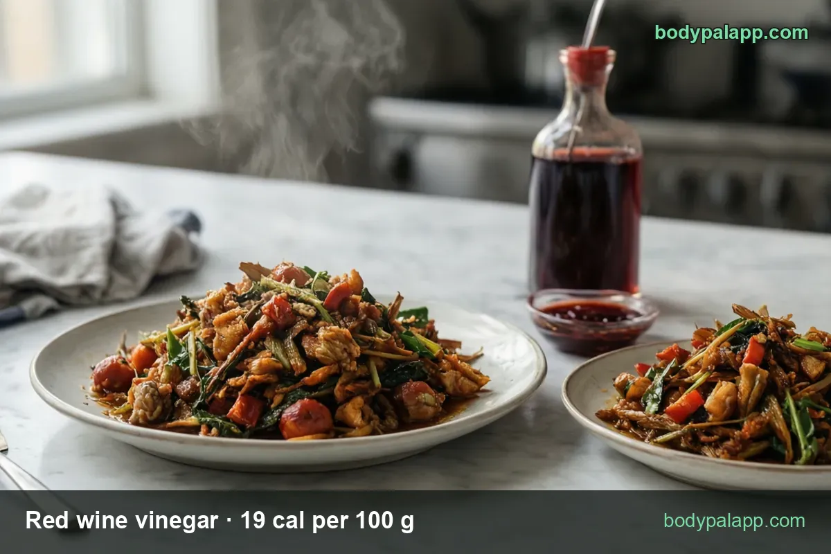 Stir-fried chicken with vegetables and cherry tomatoes beside red wine vinegar: 1 tbsp (14.9 g) 3 cal, 1 cup (239 g) 45 cal