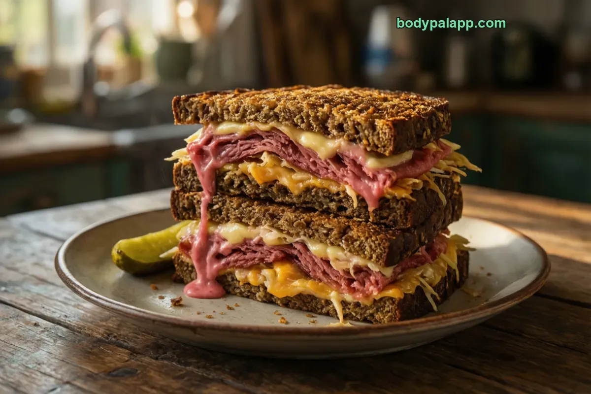 Reuben sandwich, corned beef, Swiss, rye