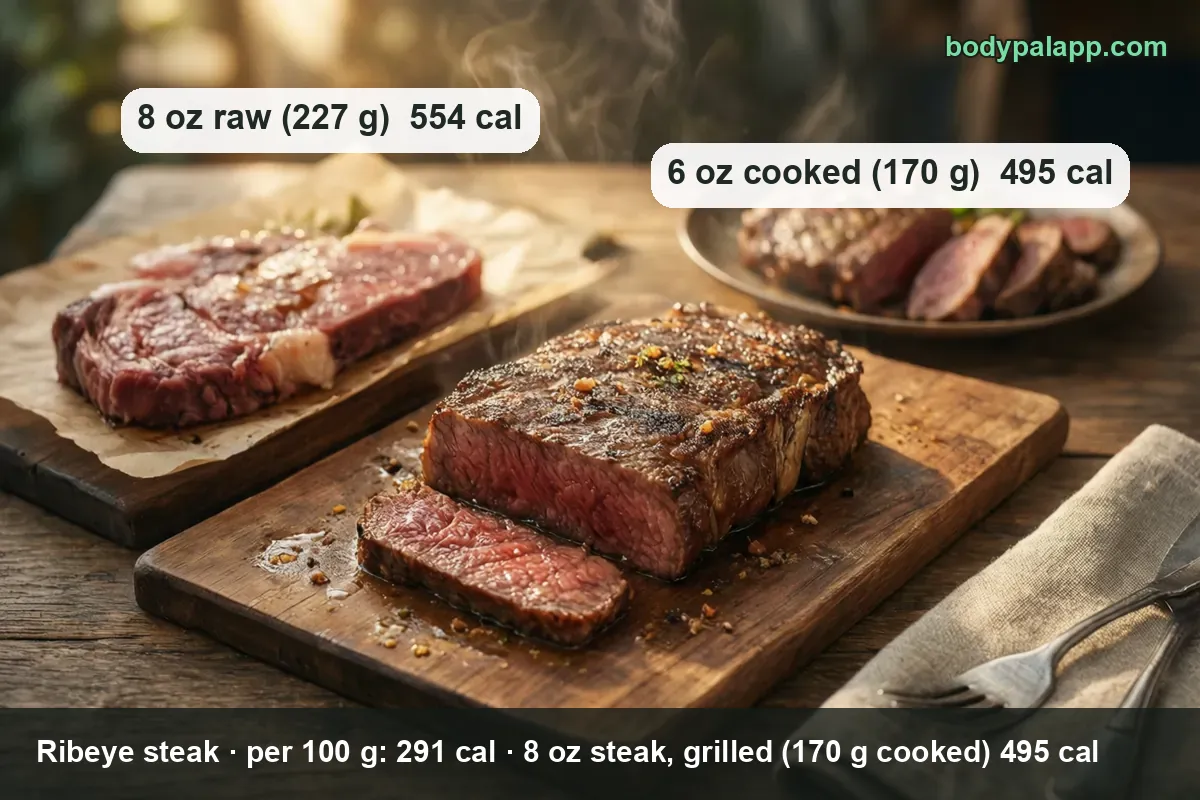 Raw ribeye steak on butcher paper next to a grilled ribeye and a plate of sliced ribeye, with calorie labels