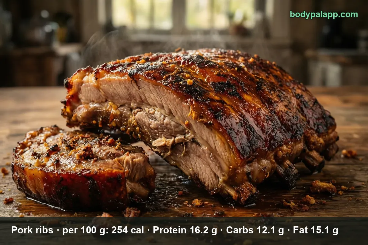 Glazed barbecue pork ribs with visible bones on a white plate, one rib cut off in front - 89 calories per rib