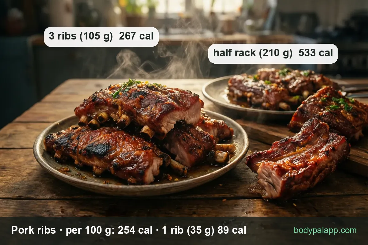 Pork rib serving sizes - a plate of three ribs next to a board with a full rack - 267 calories for three, 1,067 for a rack