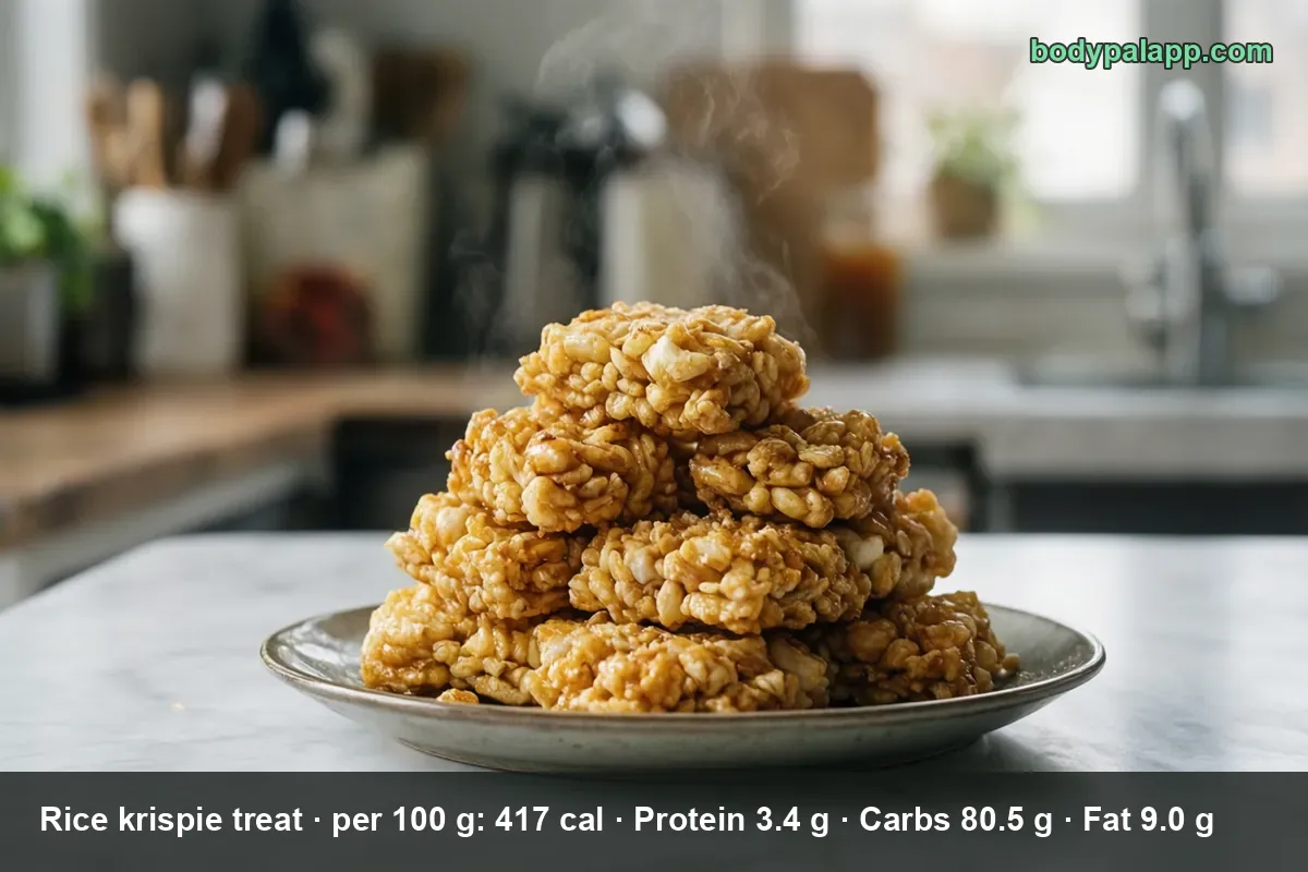 Pyramid of six golden rice krispie treat squares with visible marshmallow pieces on a grey plate, light steam rising.