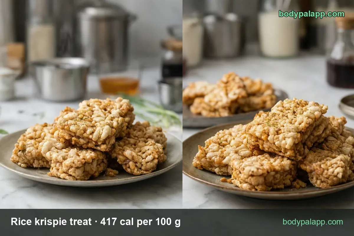 Rice krispie treat squares on grey and brown plates on a marble counter; 1 square (22 g) 92 cal and 2 squares (44 g) 183 cal.