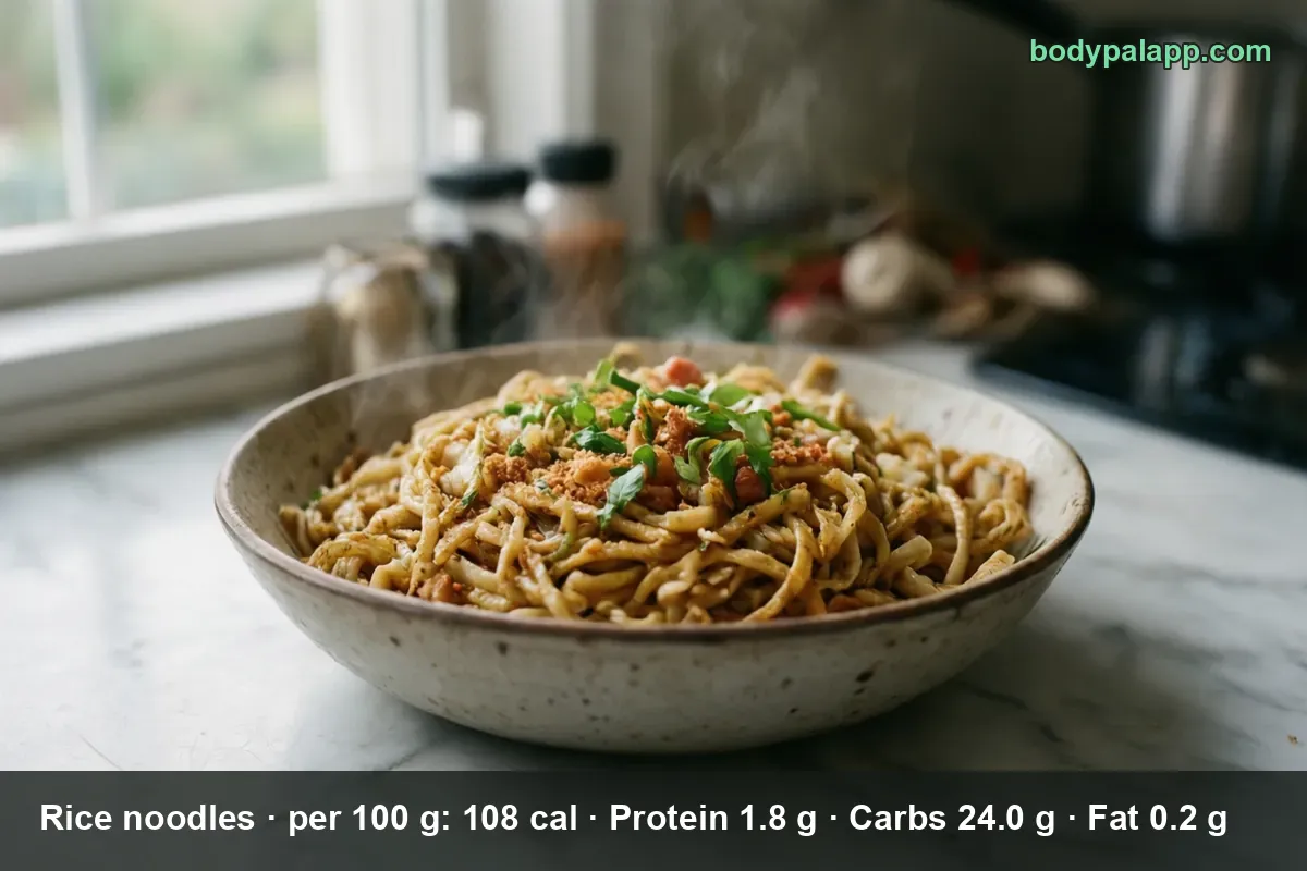 Bowl of stir-fried thick round noodles with sauce, herbs and crumbs, steaming