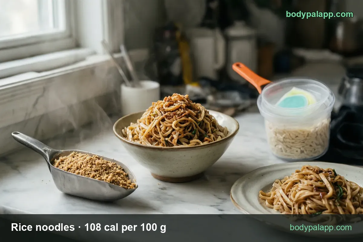 Bowl of stir-fried flat noodles with herbs, raw white noodles behind; chips 1 cup (176 g) 190 cal and 1/2 cup (88 g) 95 cal