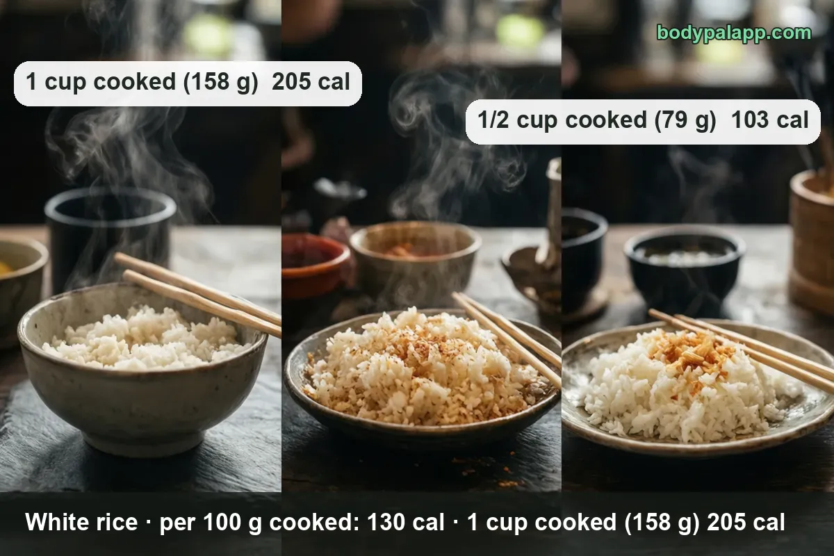 White rice in a bowl, rice with seasoning and rice with a topping - three servings of cooked white rice at 205 calories per cup
