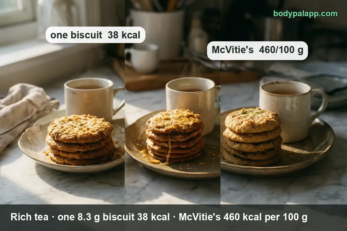 Rich tea biscuit brands calories comparison - 444 to 470 kcal per 100 g