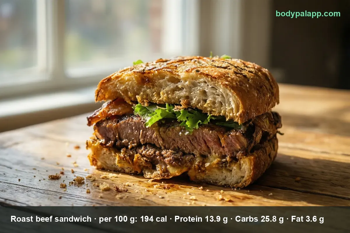 Halved roast beef sandwich in cross-section with pink-brown sliced beef, lettuce and crusty bread on a wooden table.