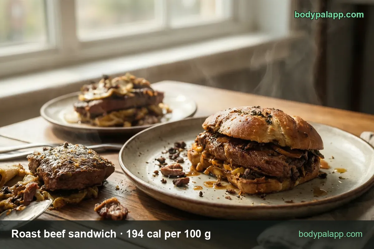 Roast beef sandwich with caramelized onion on a roll, open sandwich behind; chips 1 regular 115 g and 1 large 175 g.