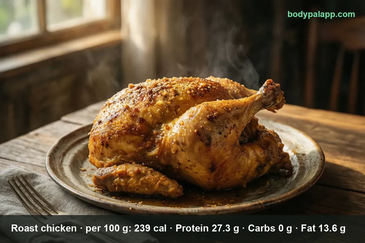 Whole roasted chicken with golden seasoned skin on a ceramic platter with one wing separated - 203 calories per 3 oz serving