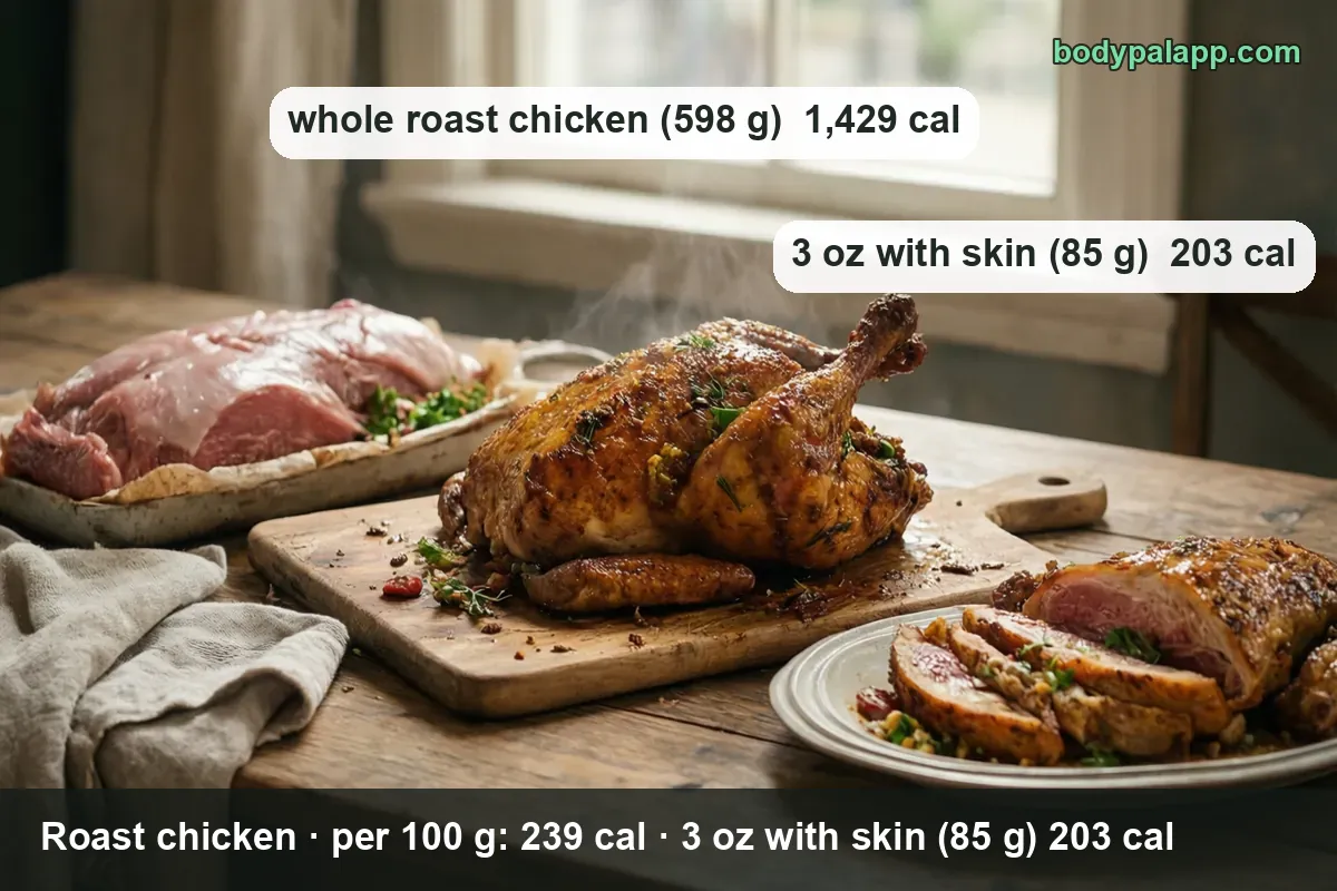 Raw whole chicken on a tray, whole roasted chicken on a board, and a plate of four carved roast chicken pieces