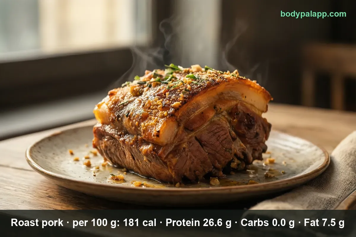 Whole roast pork joint with crisp crackling and herbs on a plate, steaming.