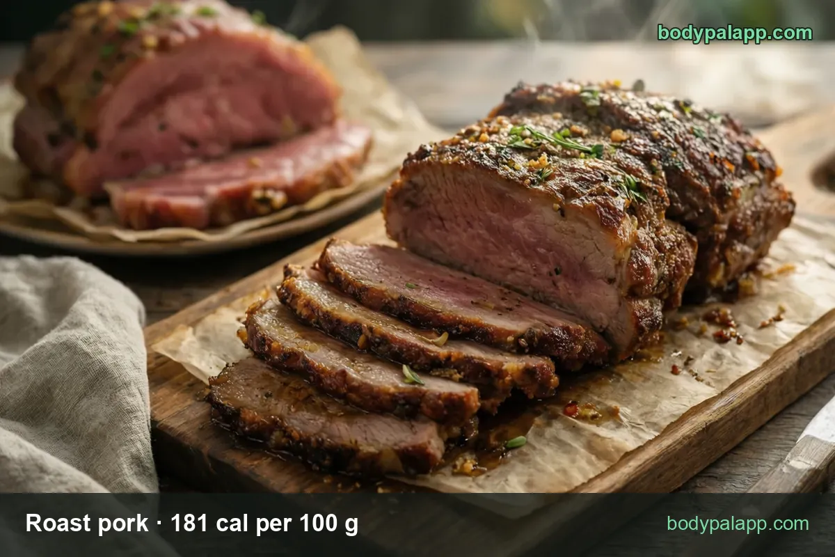 Herb-crusted roast pork on a board with four cut slices in front and a sliced roast behind; 1 thick slice 90 g and 1 regular slice 60 g.