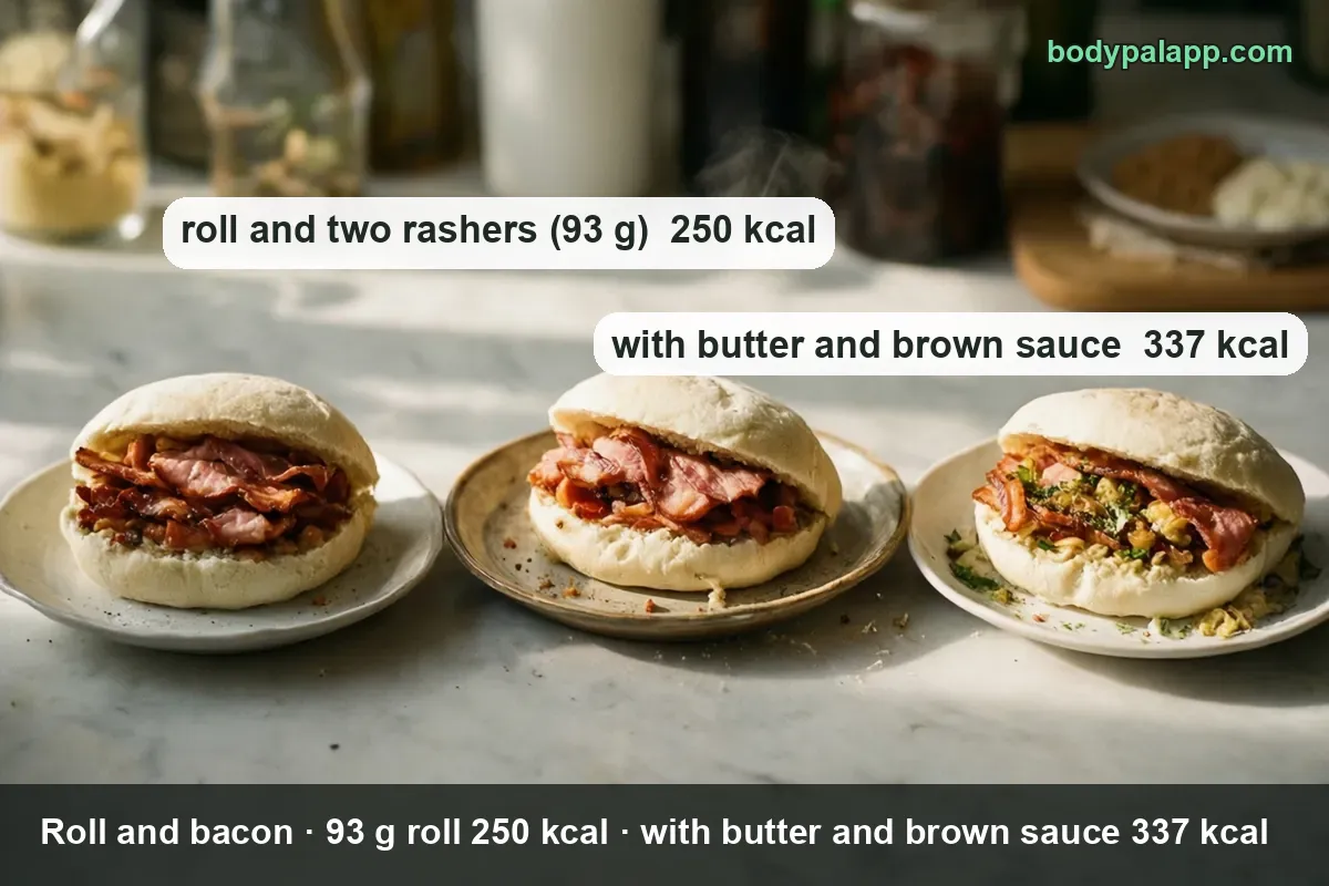 Roll and bacon variants calories comparison - plain, with butter and with sauce