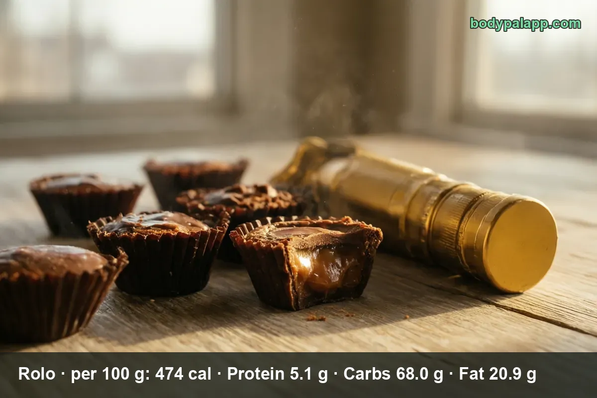 Six chocolate cups filled with flowing caramel, one cut open, beside a plain gold foil tube wrapper.