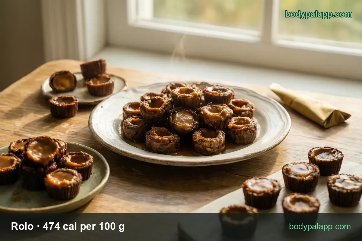 Plate of about twelve caramel-filled chocolates with smaller dishes of three, four and five; 7 pieces 199 cal, 1 piece 28 cal.