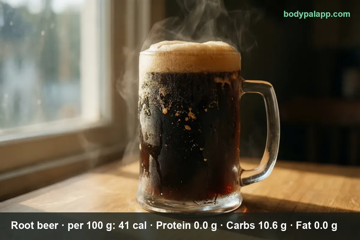 Close-up mug of dark brown root beer with thick creamy foam on a sunny table, faint steam above the foam.