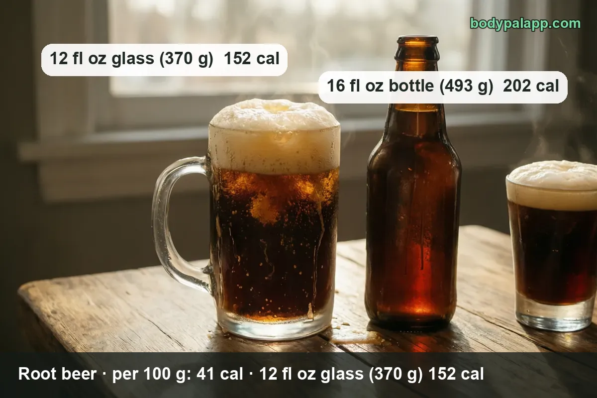 Mug of root beer with creamy foam, unlabeled brown bottle and a third glass; 12 fl oz glass 370 g 152 cal, 16 fl oz bottle 493 g 202 cal.