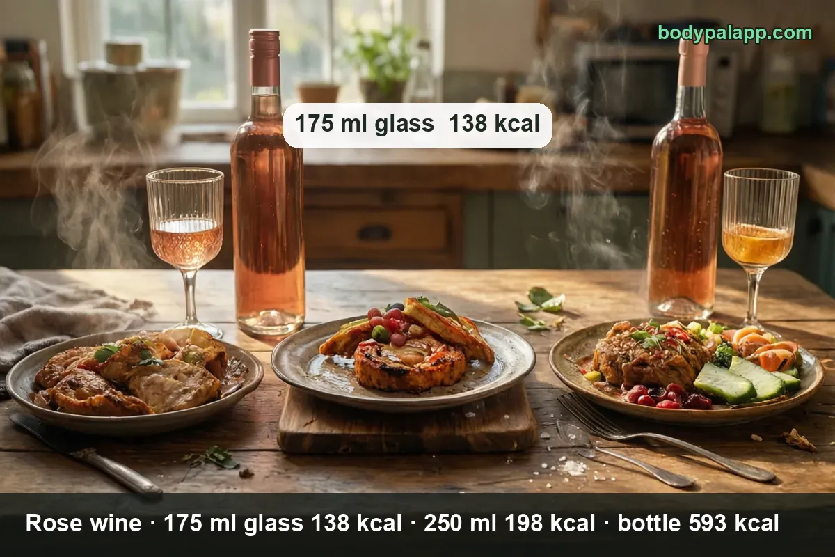 Rosé wine bottles and glasses - 138 calories per 175 ml glass