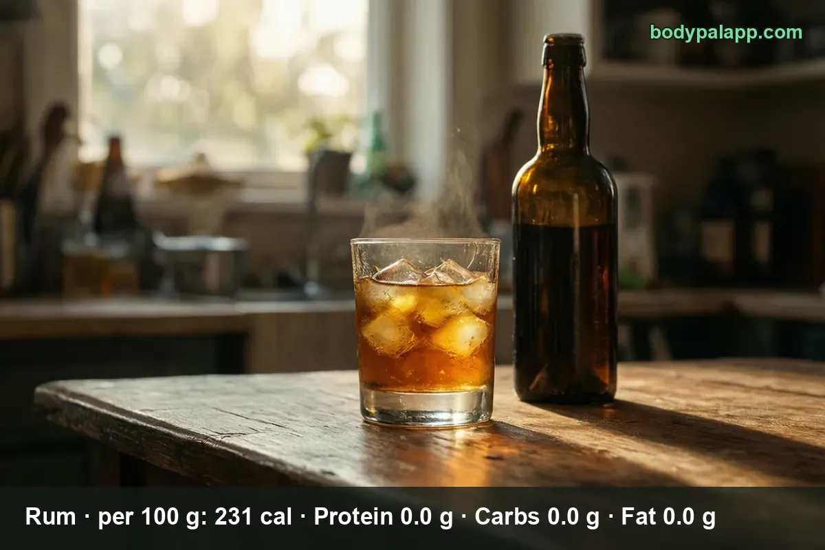 Glass of rum over ice beside a dark unlabeled bottle on a wooden table