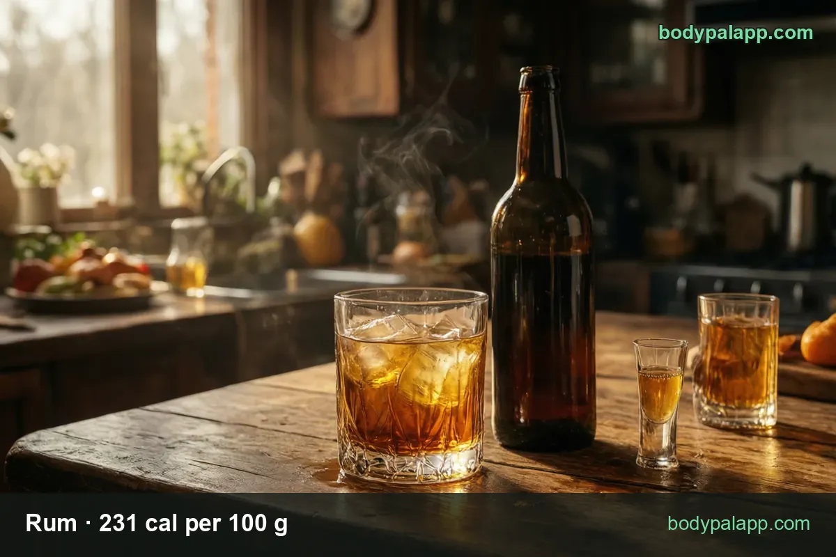 Rum on ice with a shot glass and dark unlabeled bottle; chips read 1 shot (42 g) 97 cal and 1 drink (63 g) 146 cal