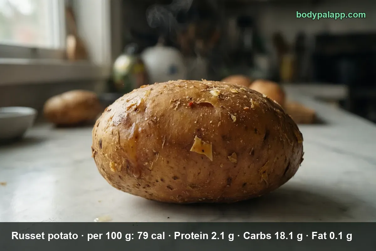 One whole baked russet potato with glossy skin and rising steam.