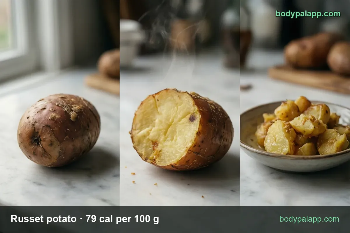 Raw russet potato, halved baked potato and a bowl of roasted cubes; 1 medium (213 g) 168 cal, 1/2 cup diced (75 g) 59 cal.