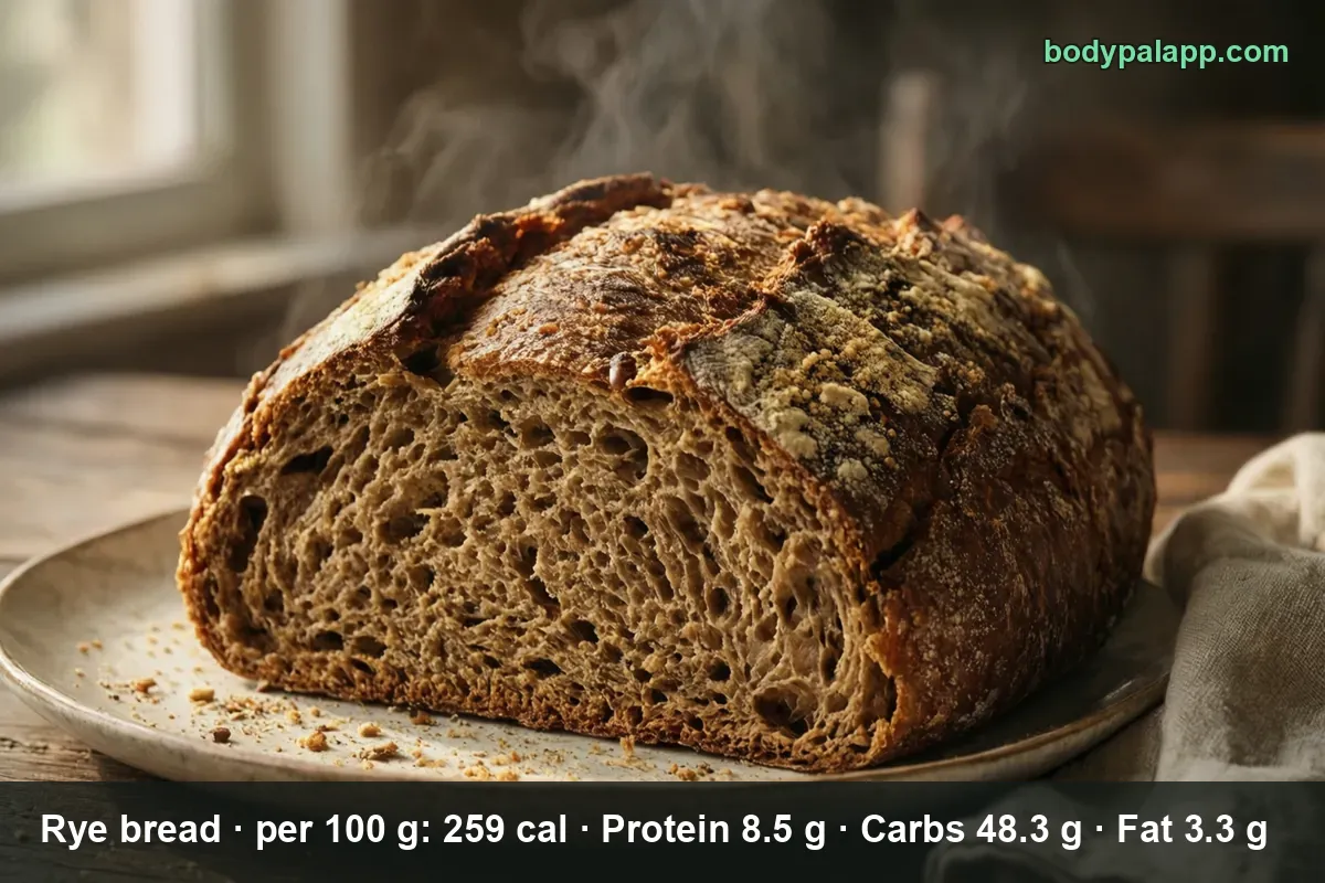 Sliced round rustic rye loaf on a plate, dense brown crumb visible in the cut