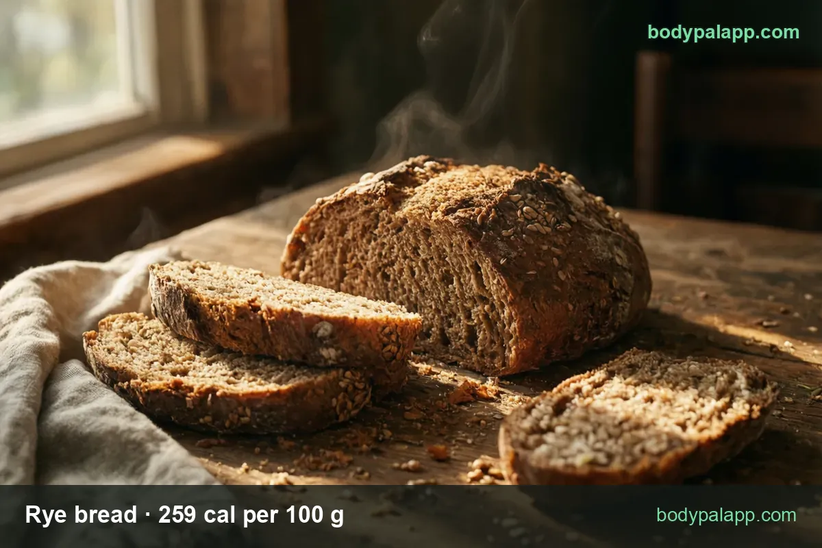 Round seeded rye loaf with three cut slices on a wooden table, 1 slice (32 g) 83 cal and 2 slices (64 g) 166 cal