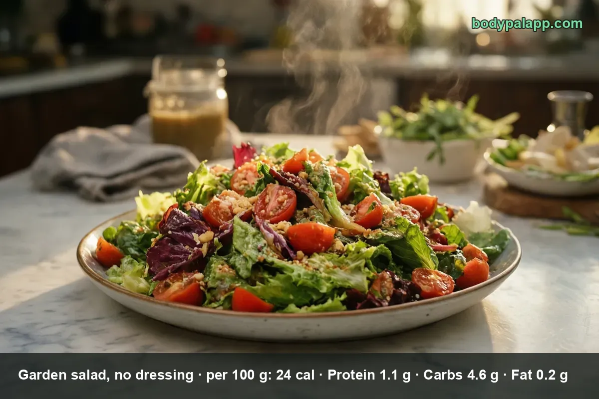 Plate of green salad with tomatoes and a small jar of dressing behind it