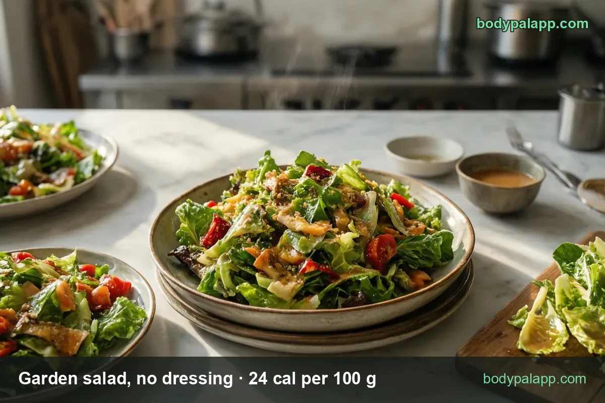 Green salad with cherry tomatoes, radicchio, shredded cheese and a bowl of dressing; 1 side salad (94 g) 23 cal, 1 cup (73 g) 18 cal