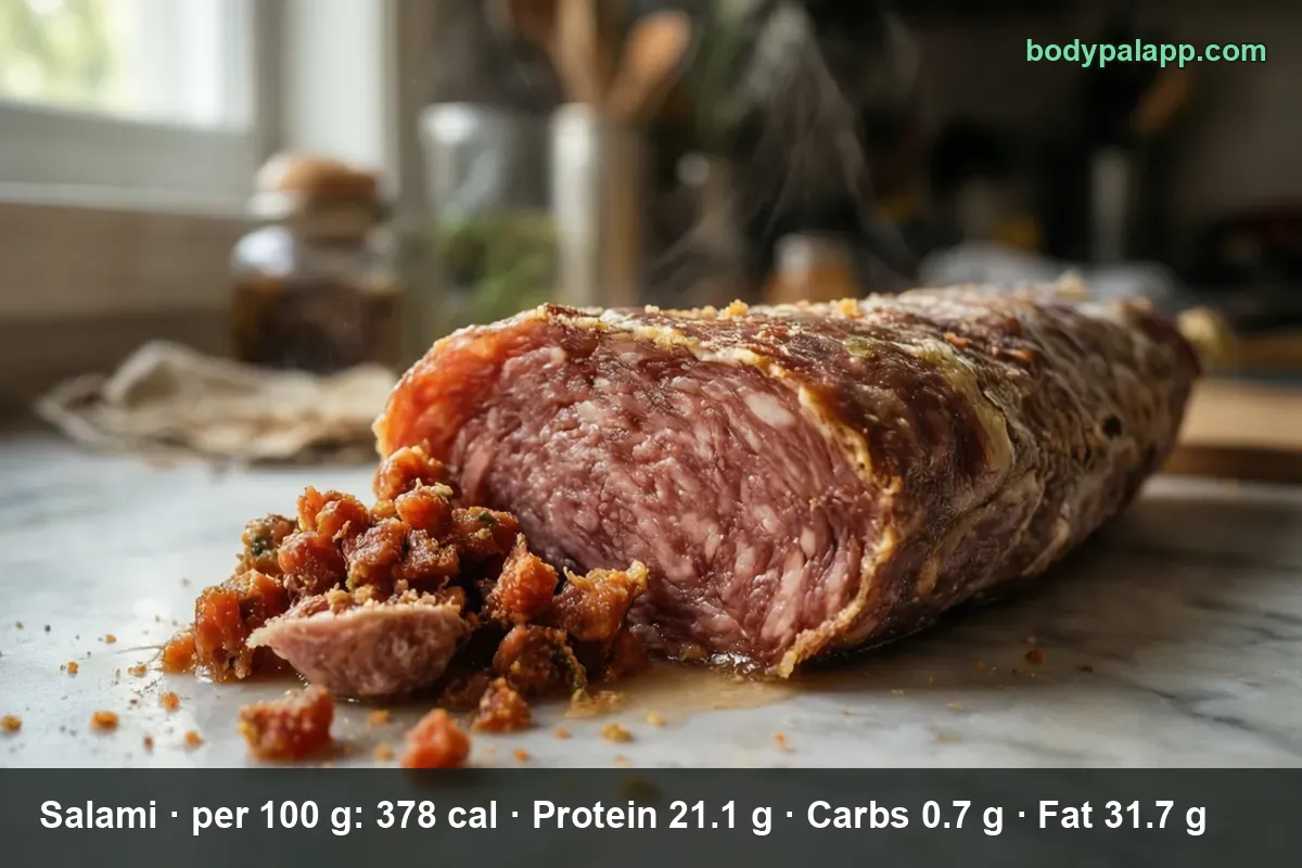 Close-up of a cut salami end with a spiced crust and spice crumbs in front.