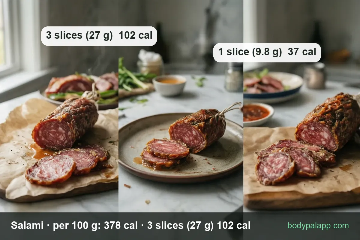 Spiced-crust salami in three panels with sliced pieces; labels show 3 slices (27 g) 102 cal and 1 slice (9.8 g) 37 cal.