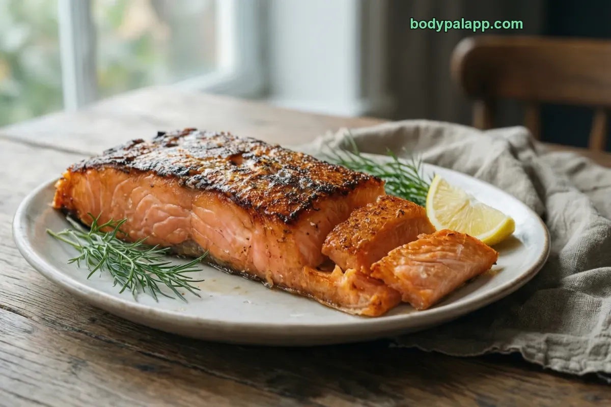 Cooked salmon fillet, farmed Atlantic, baked or grilled