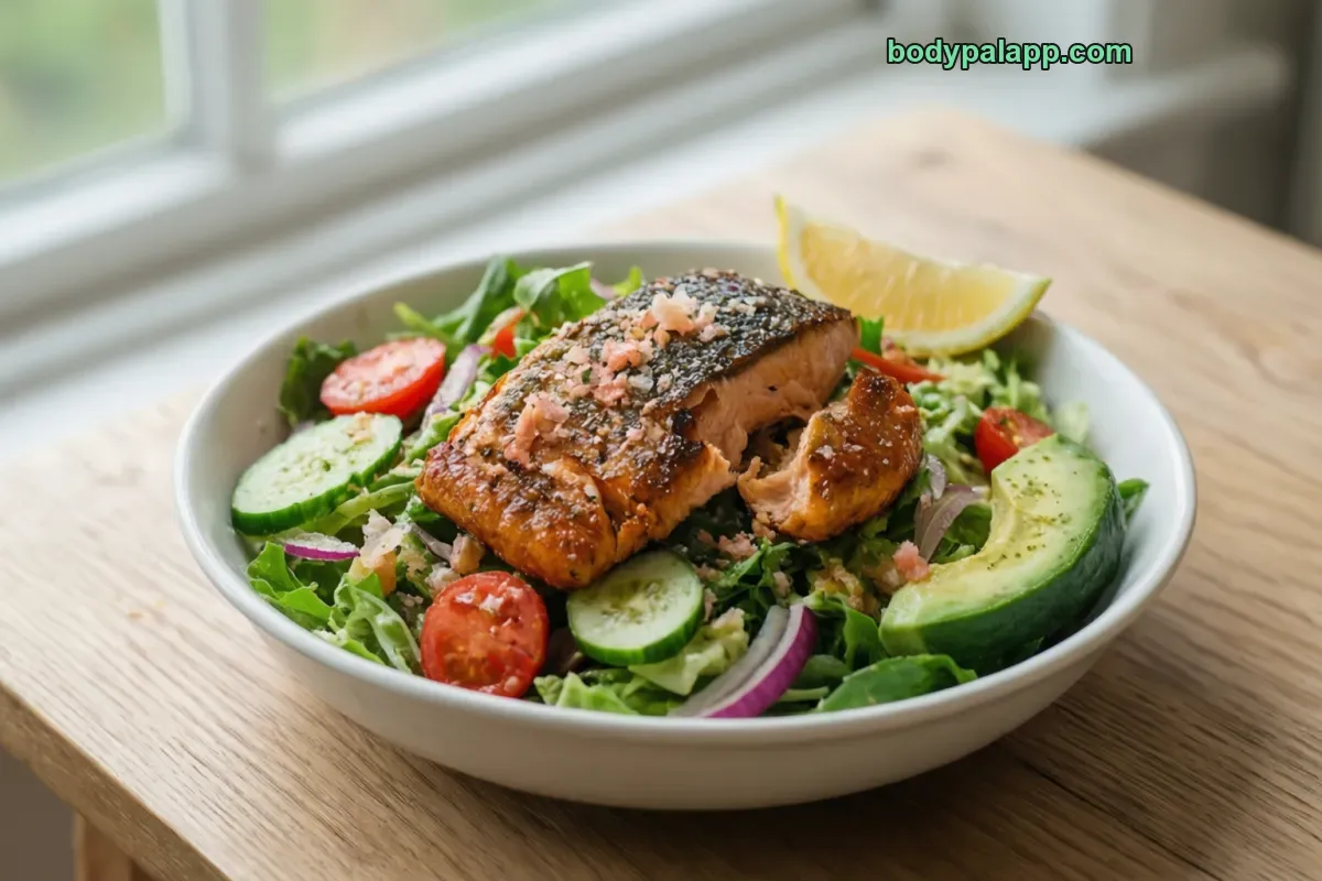 Salmon salad, prepared, ready to eat