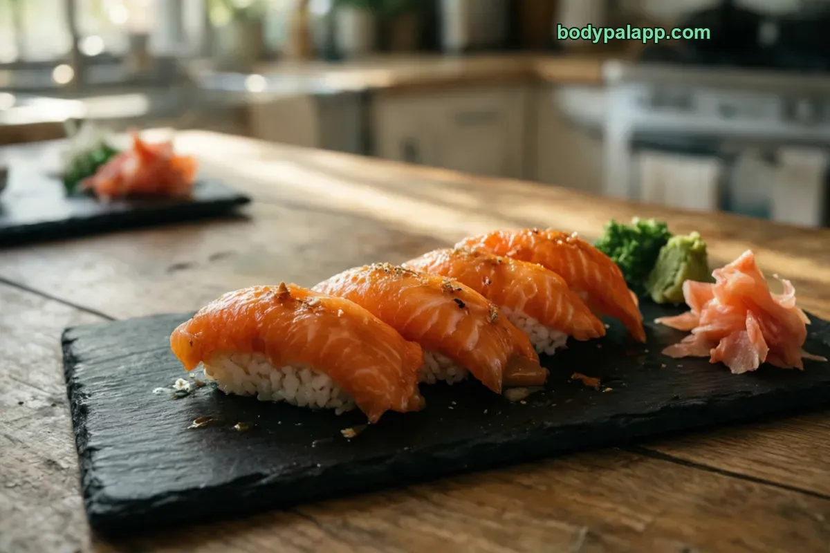 Salmon sushi, nigiri, salmon over rice